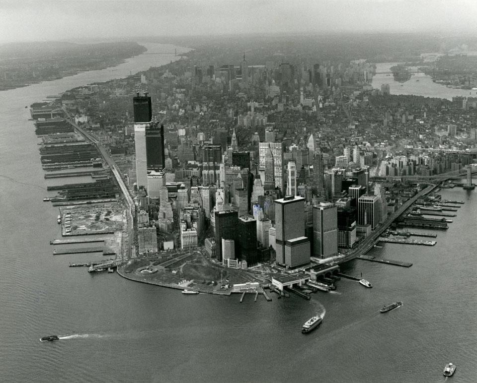 View of Manhattan from the south, World Trade Center at left, from Domus 524/July 1973. 