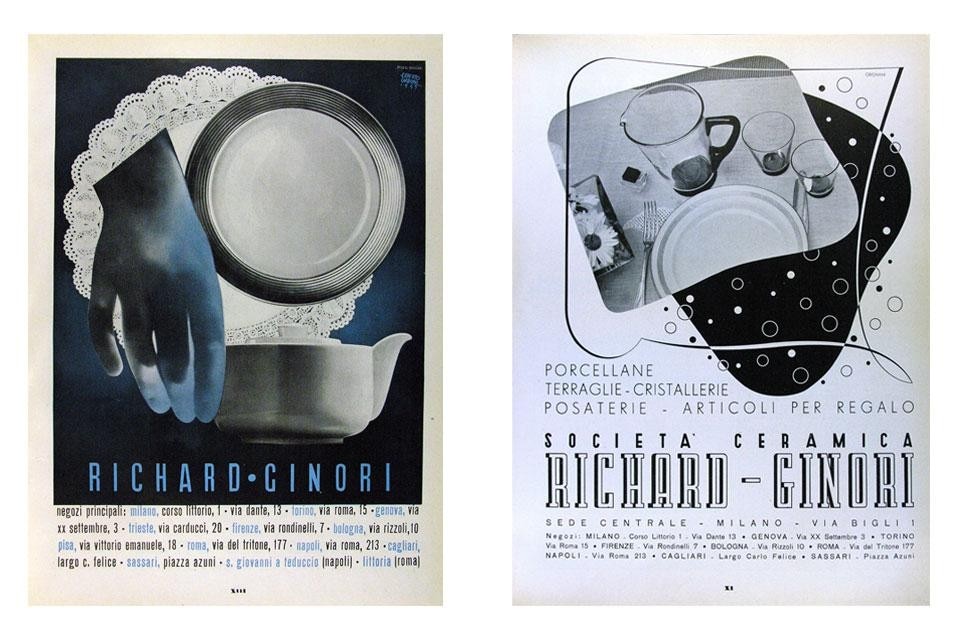 Top: left, Buffoni, <em>Olivetti Summa</em>, 1942. Right, Schawinsky-Boggeri, <em>Olivetti</em>, 1934. Above: left, Boggeri Carboni, <em>Ginori</em>, 1935. Right, Grignani, <em>Ginori</em>, 1936