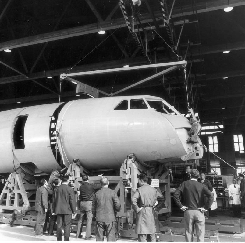 The Concorde 001 prototype in the hangar at Toulouse Blagnac airport. Photo by Sud-aviation, 1967