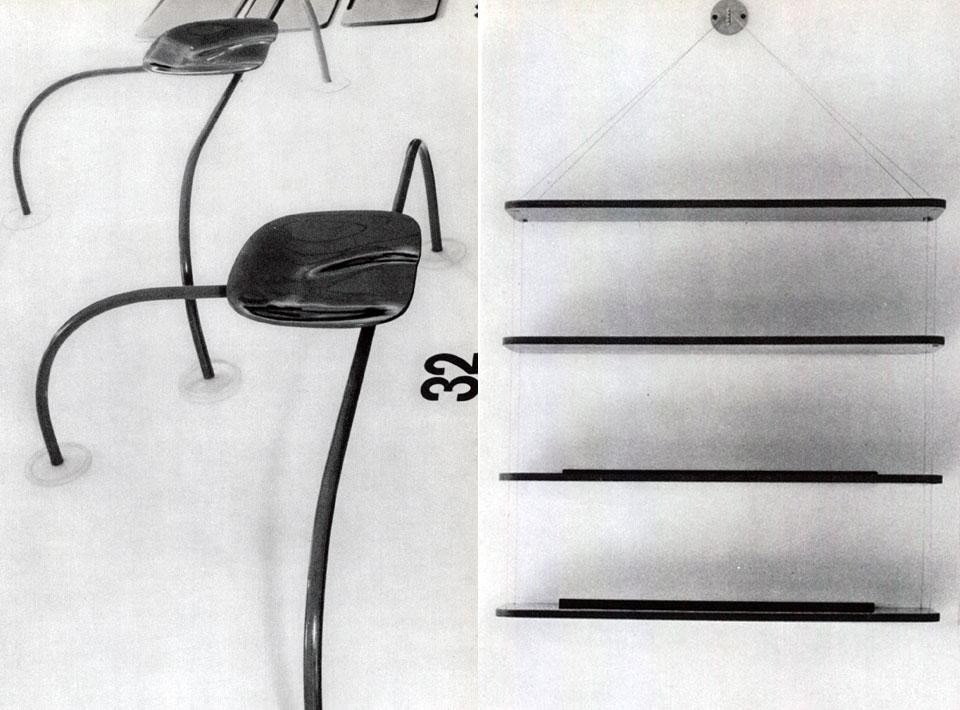Detail from the pages of Domus 442 / September 1966. Top: the project of a camera for youngsters, 1966.  Above on the left: a light <em>moon-landing</em> seat, 1966; right: four wooden shelves suspended, 1966
