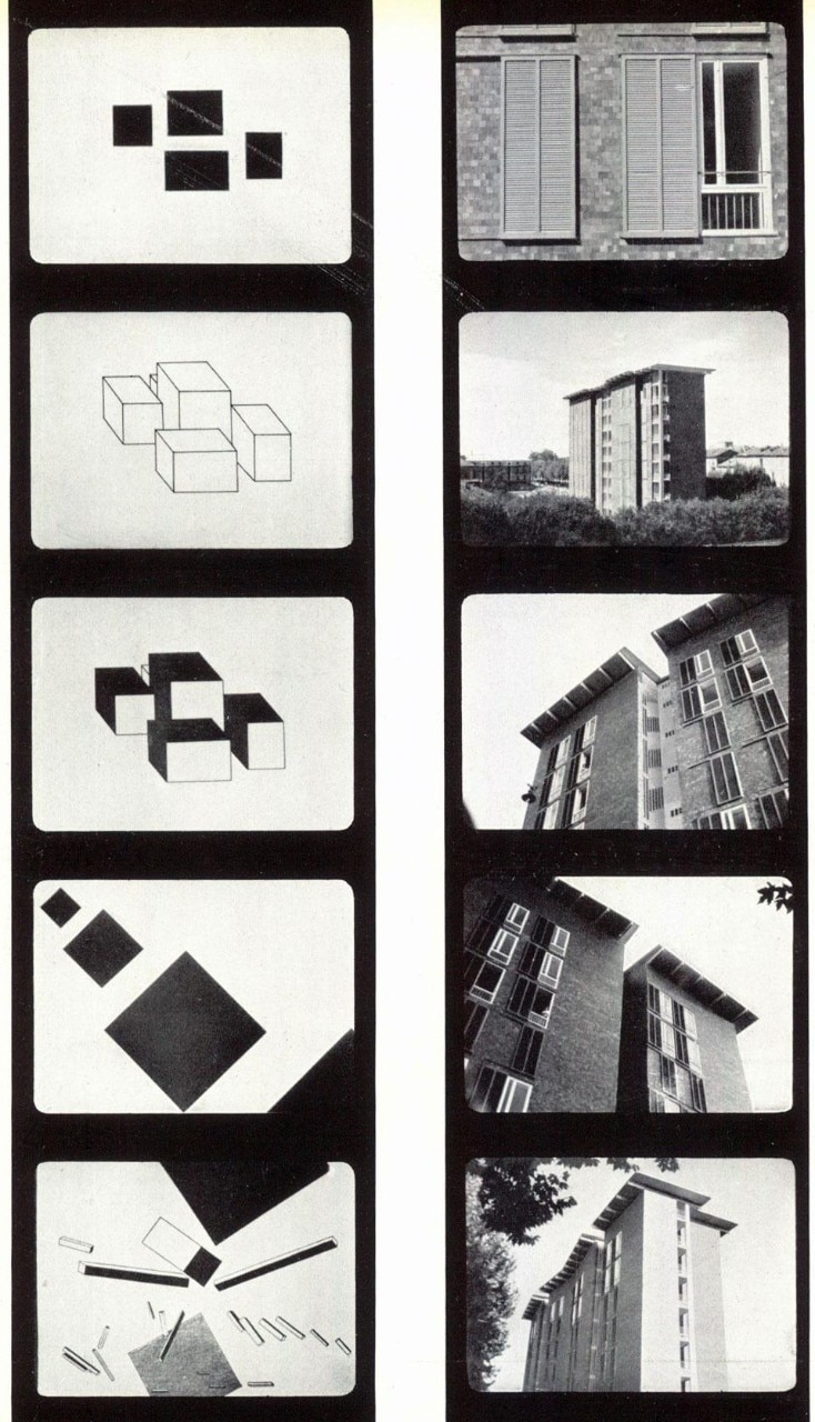 Film stills from Angelo Mangiarotti's documentary <em>Position of Architecture</em>, as reproduced in Domus 284 / July 1953