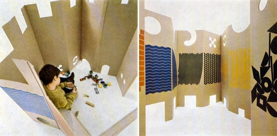 Domus 458 / February 1968 page details. <em>Il posto dei giochi</em> [The place of games] was designed to allow children to organize their own space. The prints and cutouts evoke recognisable elements, allowing children multiple associations and projections