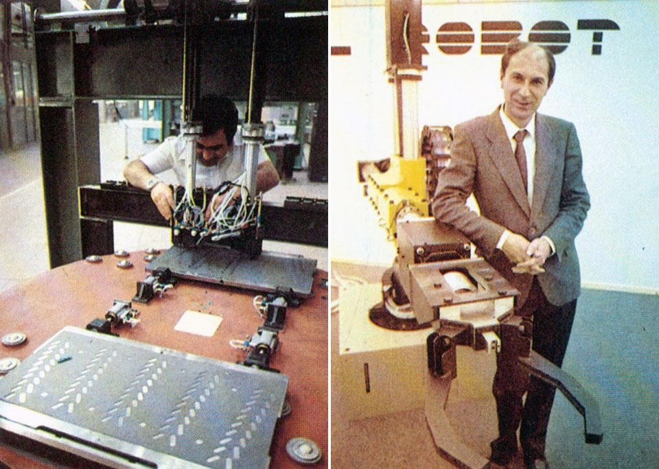 Left, some industrial robots, produced in Italy, in use in large factories. Right, <em>Camel Robot</em>, Milan 1984. Manipulating robot, specialised in thermic procedures, pictured here with its designer Alessandro Ferloni. From the pages of Domus 651 / June 1984