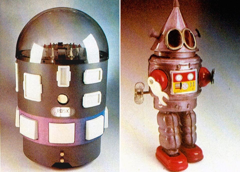 Left, <em>RB5X. The intelligent Robot</eM>, USA 1982. Mobile personal robot for the office, programmable in LOGO (the simplest programming language). Follows voice commands, reproduces sounds, can find its way, able to find and put out small fires. Right, robot toy, USA 1960. From the pages of Domus 651 / June 1984