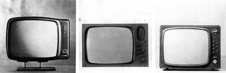 Top: Marco Zanuso and Richard Sapper, <em>Algol</em> 11" portable television. Above, from left: Franco Albini and Franca Helg, <em>Orion</em> 23" television; Achille and Piergiacomo Castiglioni, <em>Oygnus</em> 23" television; Marco Zanuso and Richard Sapper, <em>Antares</em> 19" television (all produced for Brionvega). From the pages of Domus 461 / July 1968