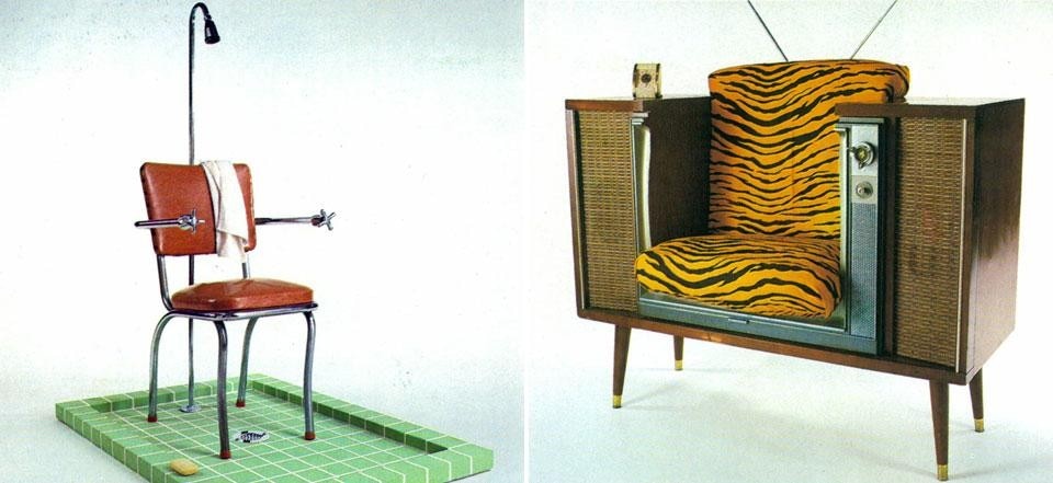 Left, Philip Garner, sitting shower, intended for activities such as "writing, napping, reading, playing solitaire". Right, Philip Garner, TV chair, where an obsolete TV side table is enhanced with a chair, 1981. Photo by A. Rapoport. From the pages of Domus 621 / October 1981