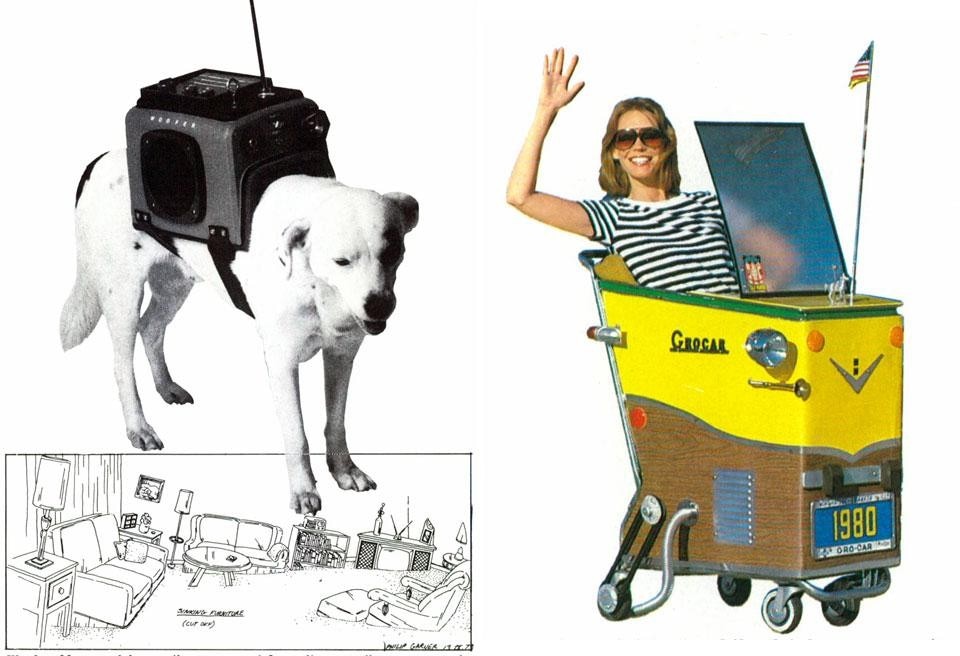 Top: Philip Garner, Closed Circuit Vanity, table and make-up mirror. Above: Left, Philip Garner, Woofer, portable radio for dogs, 1981. Photo by Cari Zappo. Right, Grocar, mini DIY automobile, built over a simple shopping cart. From the pages of Domus 621 / October 1981