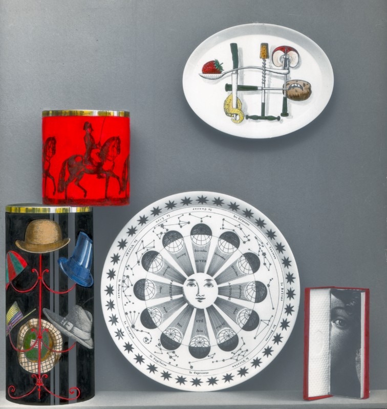 Black and white print recoloured by hand with paper tray and umbrella stand in masonite lacquered and decorated and tray in aluminium lacquered and decorated 