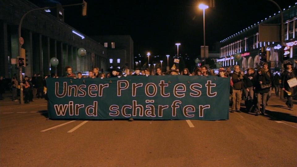 Residents protest the Stuttgart 21 project in 2010 in a scene from <i>Urbanized.</i> Film still courtesy of Swiss Dots Ltd.