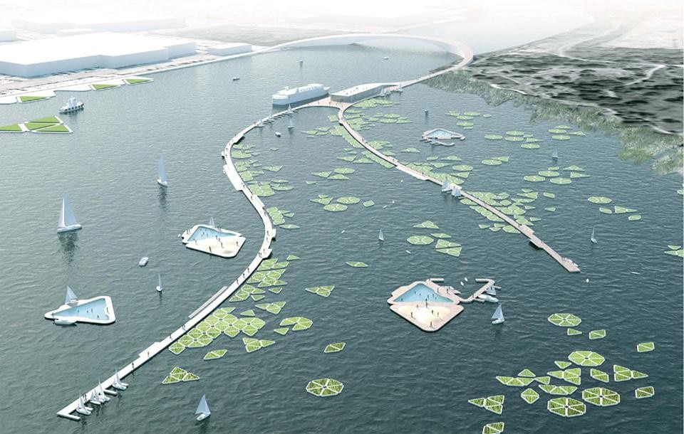 ONE Prize winner <i>Parallel Networks,</i> by Ali Fard and Ghazal Jafari. This plan calls for a revitalization of the New York City waterfront, using an adaptable network of floating pods with various functions, from energy production and marine habitat creation to recreation. The ONE Prize challenged architects and planners to rethink New York City waterfronts as the 6th Borough. 