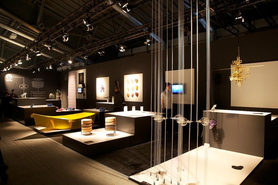 Top: Frederik Delbart, <em>The Syblings</em>, OLED Desk and Wall Lamps. Above: The BeOpen exhibition at Design Miami/Basel 2012