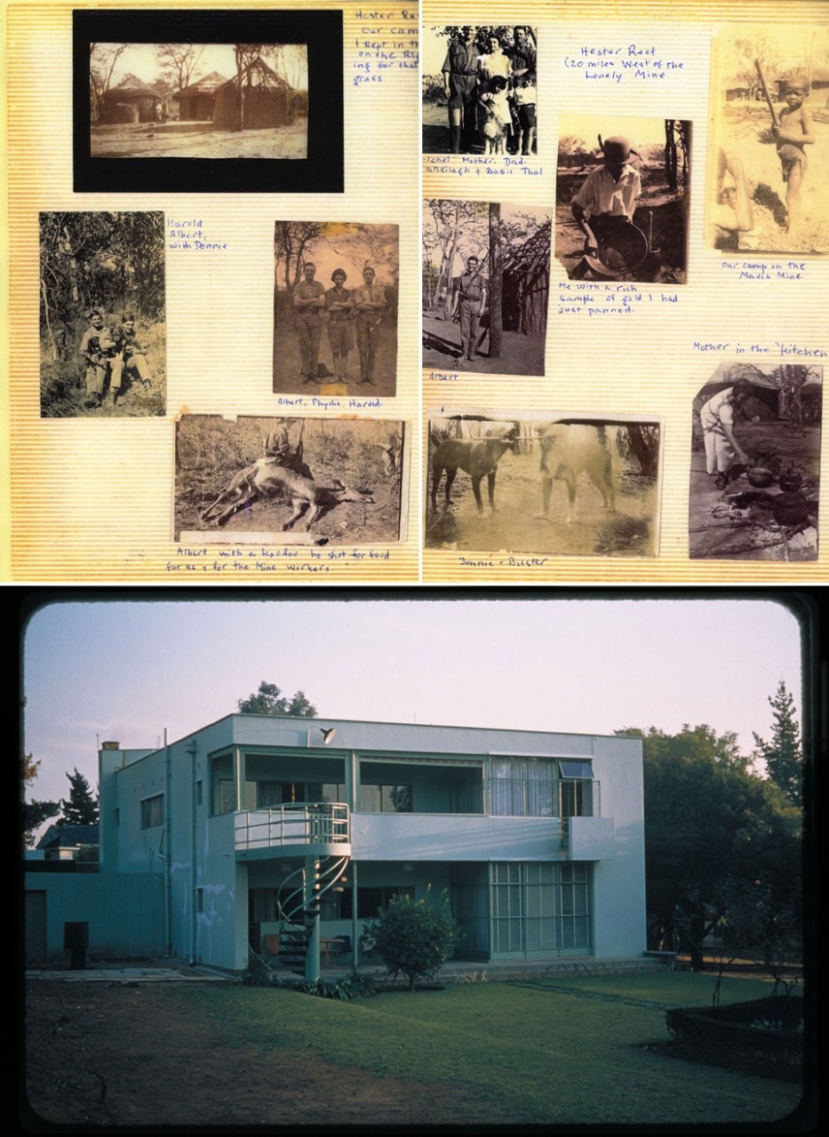 Top: Zambia 1920s, from Phyllis Hepker’s photo album. In 1931 Phyllis became Phyllis Lakofski and Denise’s mother. Photos by the Hepker family. Bottom: Lakofski family house. Johannesburg. Designed by Hanson, Tomkin and Finkelstein, 1934. Photo by Denise Scott Brown