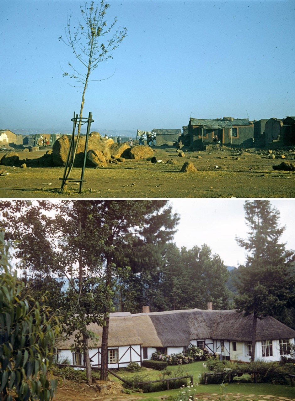 Top: "Is" and "Ought": “Is", Shanty town outside Johannesburg, 1957. Photo by Denise Scott Brown. Bottom: "Is" and "Ought": “Ought”, English style thatch cottage, Lidgetton, Natal Kwa Zulu, 1957. Photo by Robert Scott Brown
