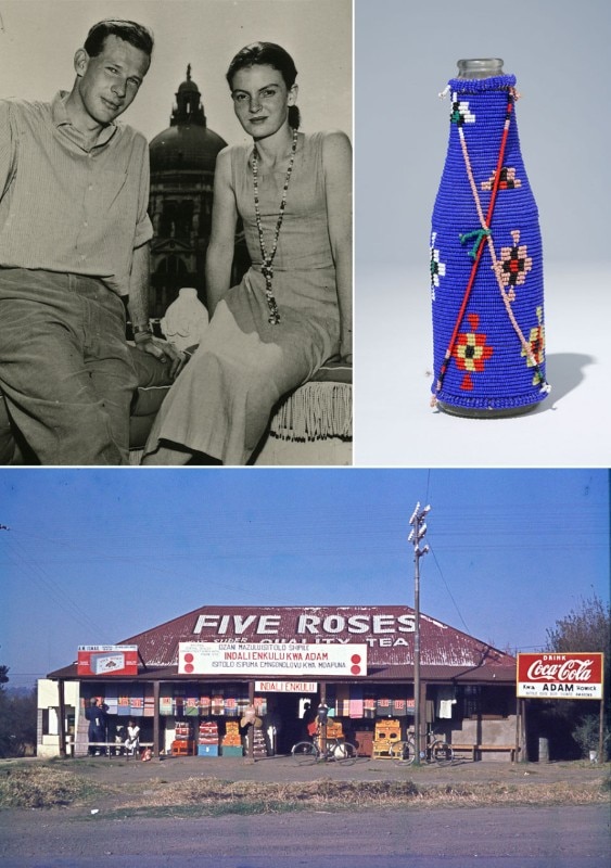 Top left: Robert and Denise Scott Brown in Venice, 1956. Top right: South African folk-pop art, gourd bead work on soda pop bottle.
Traditional bead work patterns and
colours contain coded messages of
love and life. They are tiny billboards. Photo by VSBA. Bottom: Rural store in Natal Kwa Zulu, 1957. The owners are Indian and languages spoken are Zulu and English. Advertisements include tea from England and cola from the U.S. Goods sold include bicycles and blankets from Manchester, fabrics from the United Kingdom, Eastern Europe and Japan, and that’s just a start. Photo by Denise Scott Brown