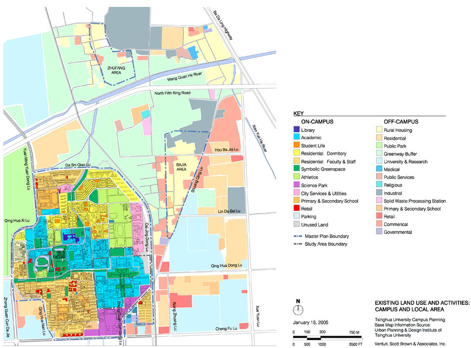 VSBA, <em>Existing land use and activites: Campus and local area</em>, Tsinghua University Beijing, 2004<br />
This first map sets Tsinghua’s campus activities and movement systems within Beijing’s land use
and transportation patterns. To use this information in design, VSBA had first to reveal the relationships
the information represented by breaking it down into single-element maps. The options were numerous
— landscape and water conditions, campus sciences, building age, crowding problems, student
life facilities, bicycle movement, services movement. Selecting initially by guesswork based on
experience, VSBA added other maps as our analysis pointed up the cogent variables.
A next step, and first synthesis, was to superimpose several variables on one map to see what
patterns emerged, and here again, experience suggested the early combinations. The map below,
matching bicycle volumes and pedestrian concentrations, shows that bicycle traffic resulted
from the distance between undergrad classrooms and students dormitories. Clustering large
classrooms near the dorms had already been suggested. But the same map demonstrates a further
problem: that Tsinghua’s historic greenscapes, off limits to students, were in any case, too
far from their daily paths to be useful. Students spent their lives in hardscapes.
Two overlays, this, and one of campus contours, were among those found most useful for VSBA when formulating
the basic suggestion of extending the pattern of symbolic landscapes northward
to frame and subtend the future growth of the campus, This would soften daily experience on
campus, reduce congestion on roads, and help manage storm water flooding. 