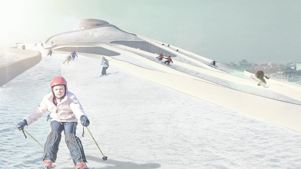 The roof of
the new Amagerforbraending is turned into a 31.000 m2 ski slope of varying skill levels for the citizens of Copenhagen, its neighboring
municipalities and visitors