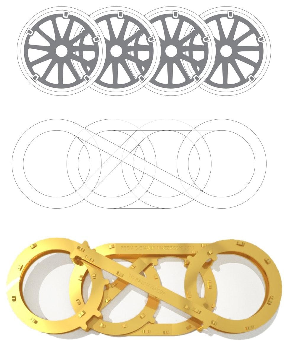 The starting point for the design of the Gianni Mazzocchi award trophy was the logo of Quattroruote (left), turned first into a sort of Gordian knot (centre) and then created in 3D (below)