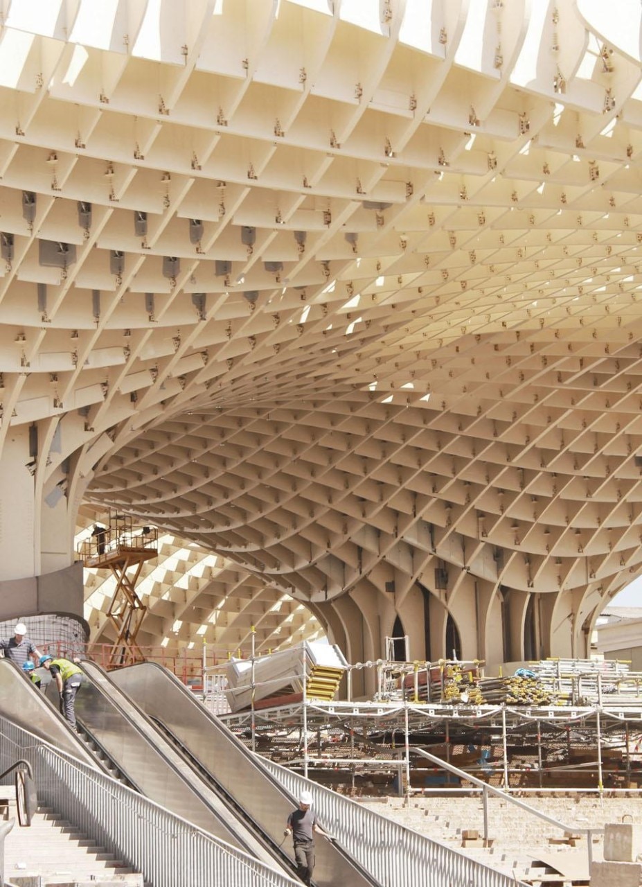 Realized as one of the largest and most innovative bonded timber-constructions with a polyurethane coating, the parasols grow out of the archaeological excavation site into a contemporary landmark.