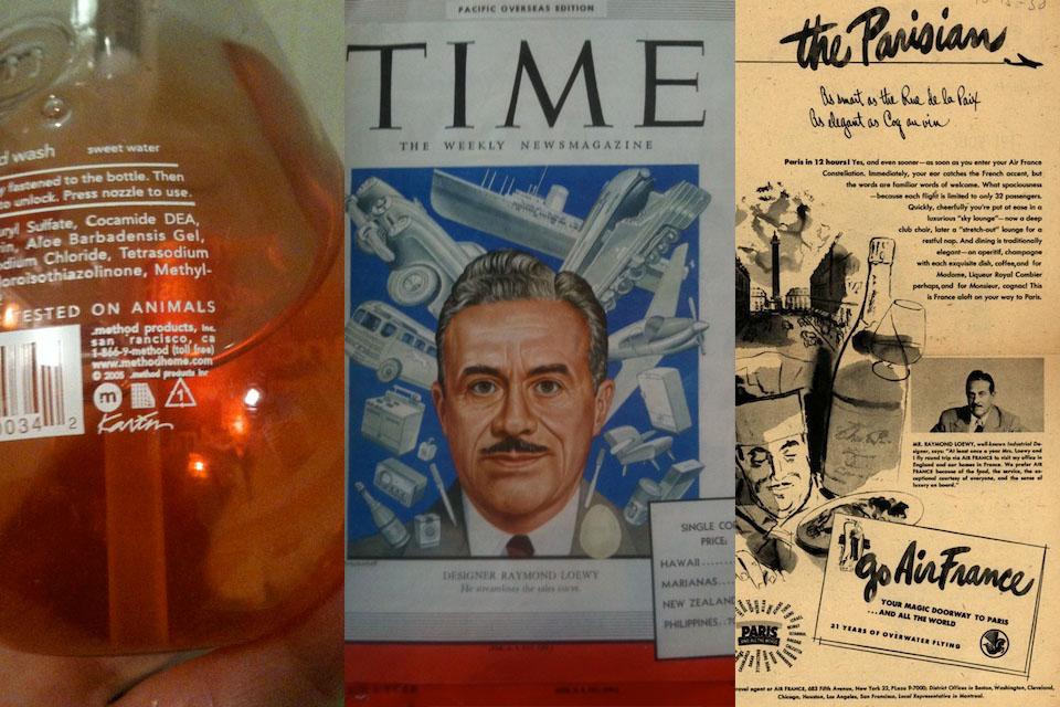 From “Going Public: Creation and Dissemination of the Designer’s Identity.” Molly Heintz examines how designers promote themselves from the current era (Karim Rashid’s signature on a method soap bottle) to Raymond Loewy (on the cover of Time magazine and in an ad for Air France—which at the time was not yet one of Lowey’s clients)