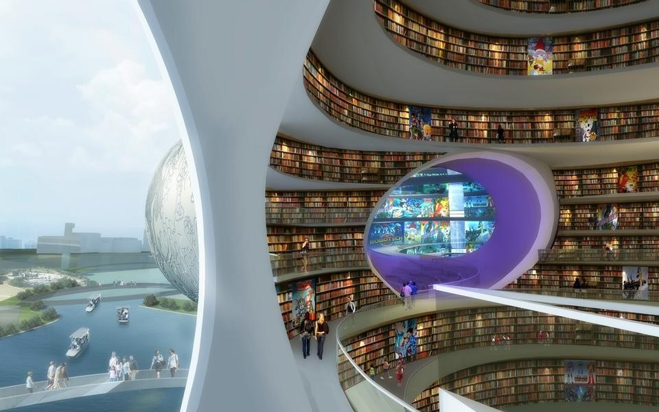 The comic strip library offers views to the outside and into adjacent balloons.