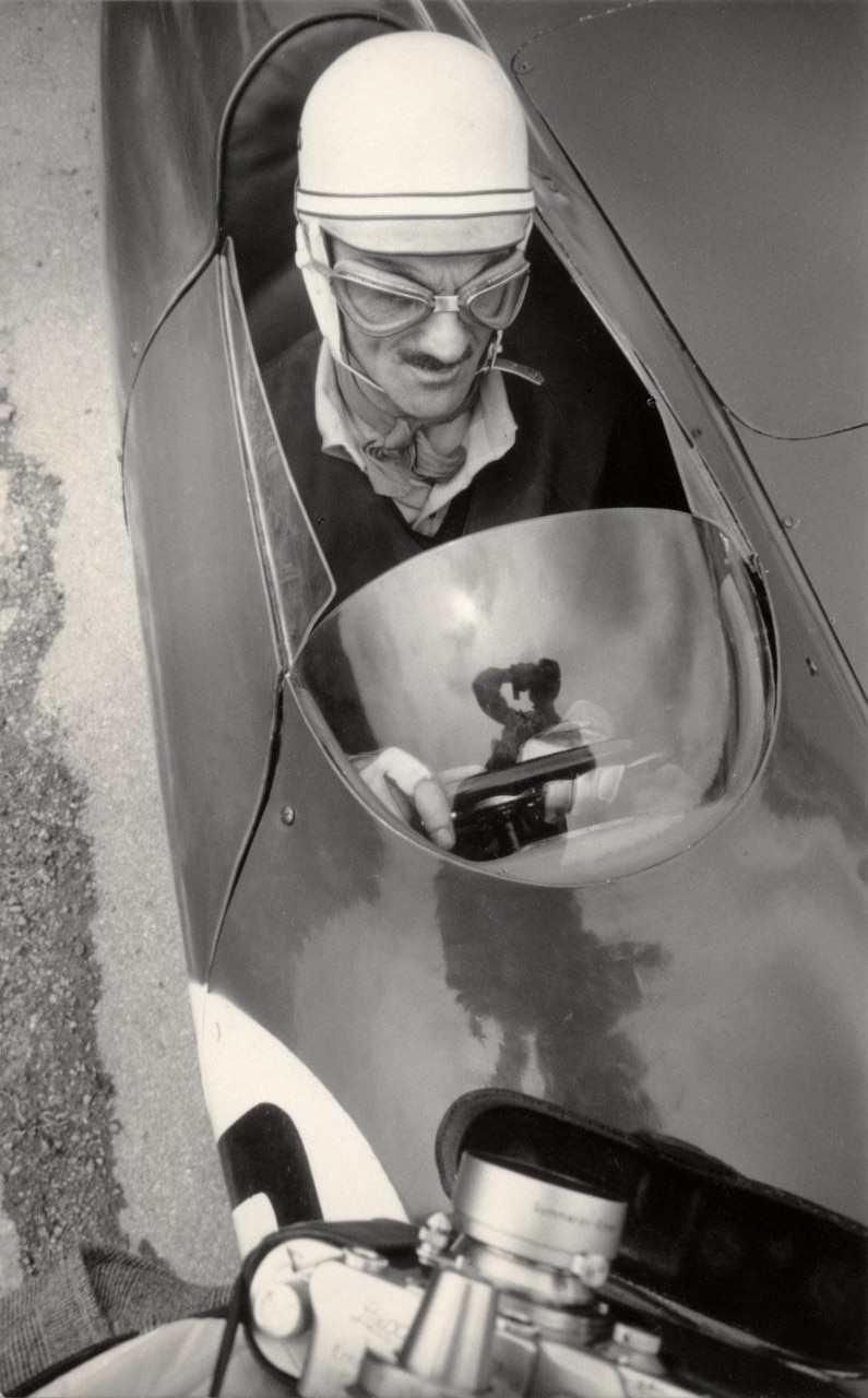 Carlo Mollino on his Bisiluro car, 1955. Photo Invernizzi.