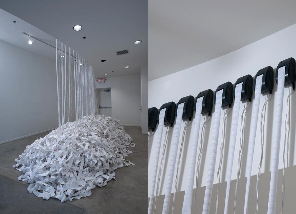 Christopher Baker, <i>Murmur Study,</i> 2009. Multimedia installation with twenty thermal receipt printers, 122 x 184 x 5 inches overall. © Christopher Baker.