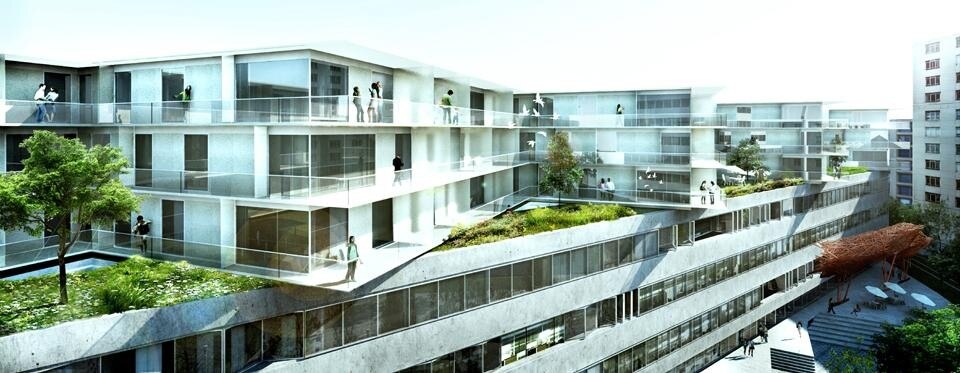 The roofyards of the <i>Transitlager</i> combine the tranquility and communal space of the courtyard with the sunlight and panoramic views of the penthouse. "A penthouse for the people", according to Bjarke Ingels