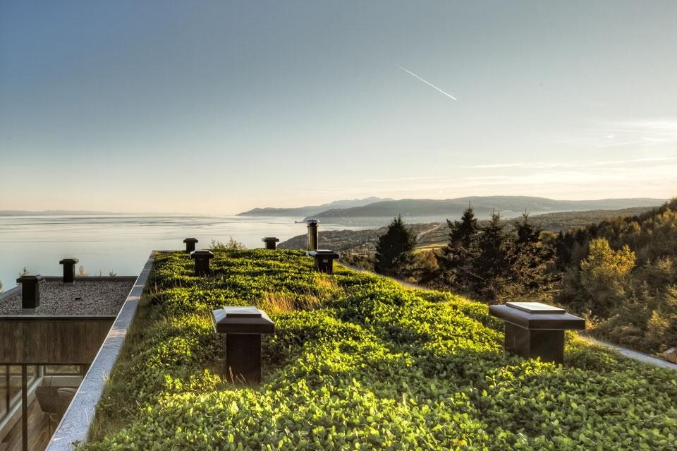 The house is fully covered with a green roof that facilitates its integration into the landscape