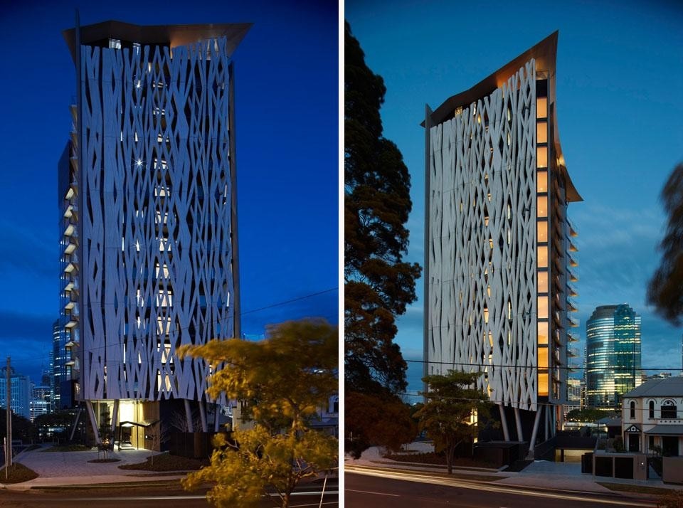 Apartment complex designed by Damian Barker & Paul Brace of Jackson Teece, view by night.