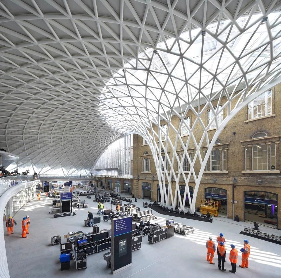 Top: Lev Vladimirovich Rudnev, <em>City of the Future</em>, 1927 (Schusev Museum of Architecture). Above: John McAslan + Partners, Western Concourse, King's Cross Station. Photo by ©Hufton+Crow