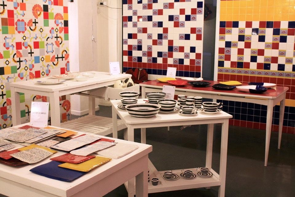 Top: The Pastel collection. Above: Shop Saman, ceramic table objects and tiles, installation view 