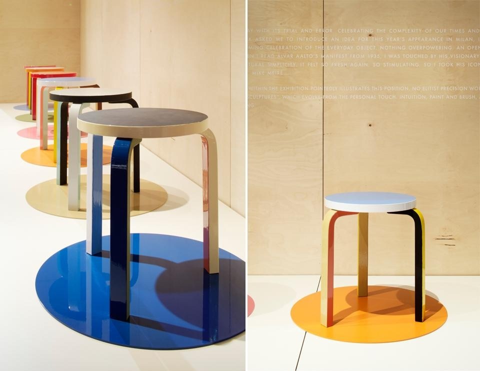 Mike Meirès, customisation of Alvar Aalto's <em>Stool 60</em> for Artek. Display at the Salone del Mobile 2012