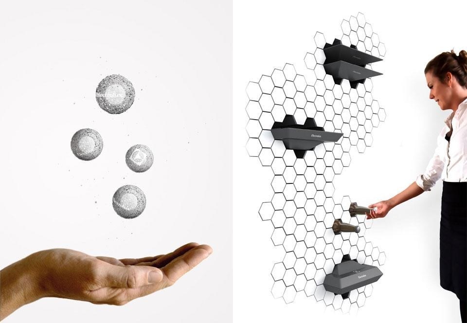 Top: Christopher Holm-Hansen, <em>Tastee</em>, taste indicator in the form of a spoon, winner of the third prize in the 10th Electrolux Design Lab competition. Above: Left, Jan Ankiersztajn's <em>Aeroball</em>, a collection of luminescent, hovering balls that can filter and fragrance the air in a room, winner of the first prize. Right, Ben de la Roche's <em>Impress</em> refrigerated wall, winner of the second prize.