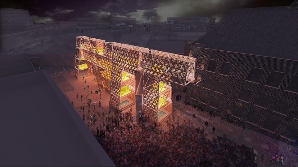CODA, <em>Party Wall</em> installation, winner of the 2013 YAP MoMA PS1. Night view of the MoMA PS1 courtyard.  Image courtesy of CODA