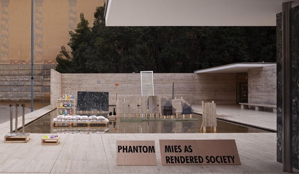 Top and above: Andrés Jaque, <i>Phantom</i>. Mies as Rendered Society, Mies van der Rohe Pavilion, Barcelona. Photo Miguel de Guzmán
