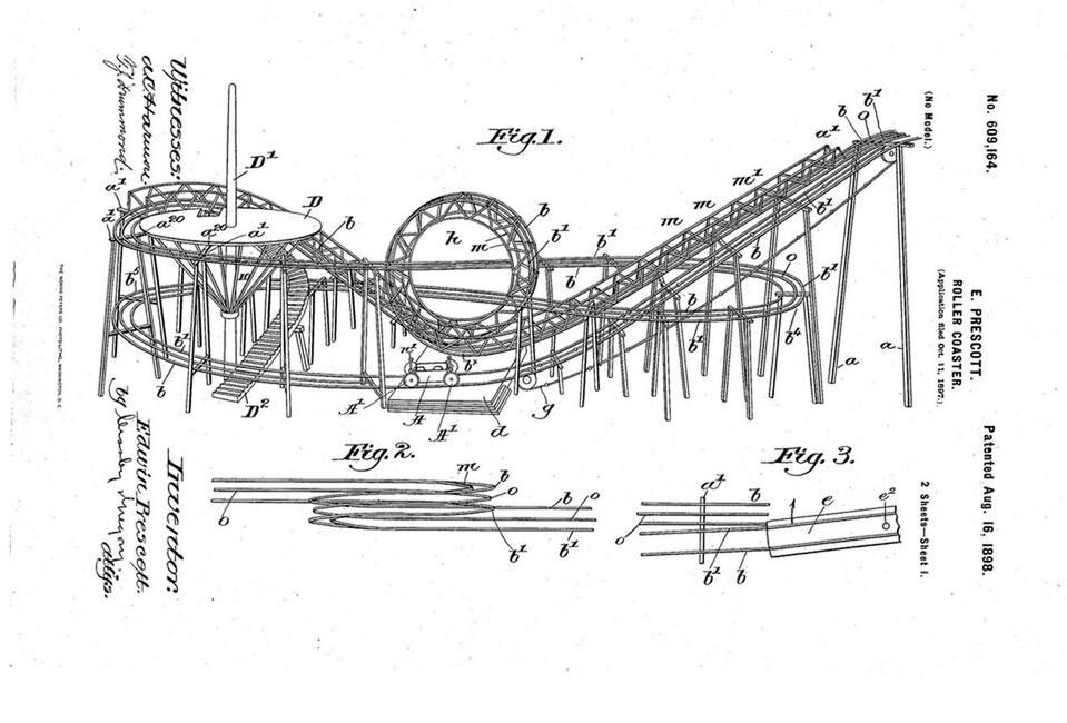 On top: Nelly Ben Hayoun, <i>The International Space Orchestra</i>. Above: A patent for structural parts of roller-coasters, developed by specialised teams of designers and engineers. These designs include the project for the first roller-coaster, engineered by Edwin Prescott in 1898. Taken from Google Patents