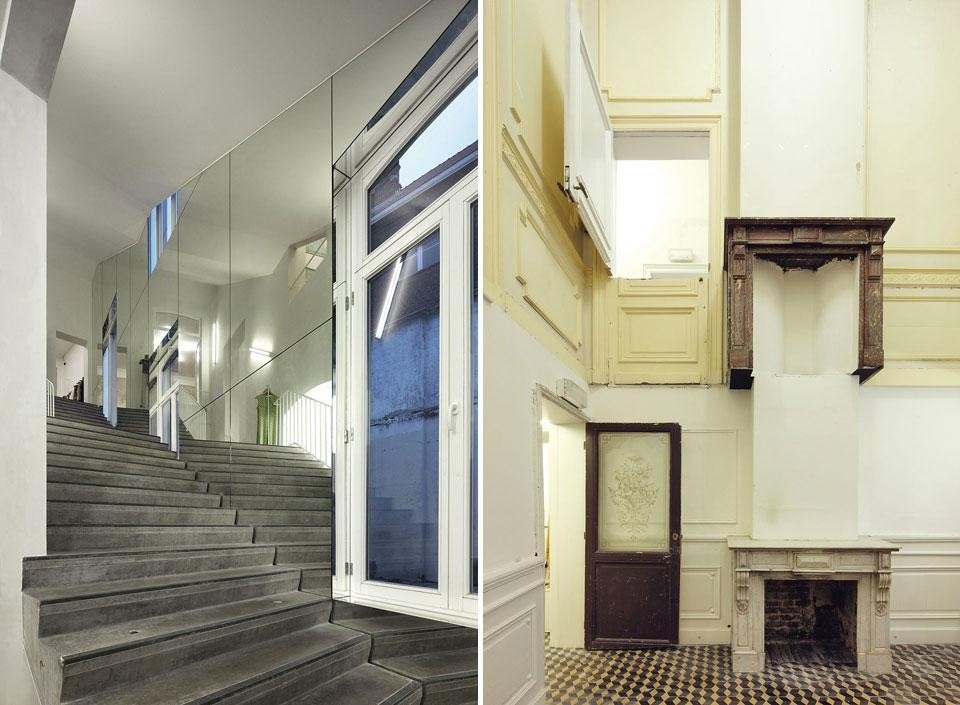On top: Jacques Gillet, Sculpture House, 1965. The construction method enabled the architects to erect a house in the shape of an “inhabited sculpture”. Above:  Jan De Vylder, Inge Vinck e Jo Taillieu,  Twiggy House, 2012. Left, since a new stair well had to be built into the back of the Twiggy house, and the elevation could not be altered due to conservation restraints, the architects literally cut out and “extruded” a block of façade corresponding to the stair volume while maintaining its identical design. Right, By removing the slab between two floors of the store to create a doubleheight space, the architects  left a fireplace in its original position, now floating in midair