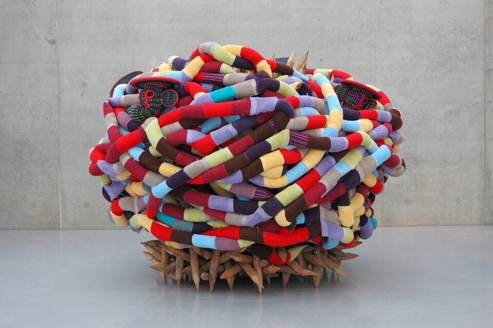 Pascale Marthine Tayou, <i>Africonda</i>, series, 2014. Wash cloth, mask, dry hay, wood. Photo: Lorenzo Fiaschi. Courtesy Galleria Continua, San Gimignano / Beijing / Les Moulins