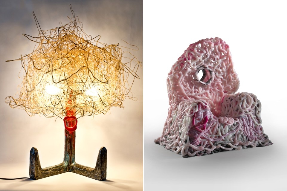 <b>Above, left</b>: Gaetano Pesce, Kid Lamp, 2013. Resin, epoxy resin, string. <b>Right</b>: Gaetano pesce, Senza Fine Unica, 2011. Polyurethane