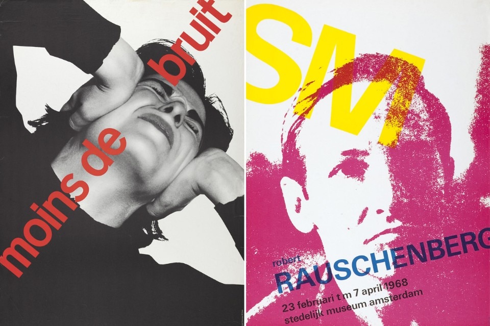 b>Above, left</b>: Josef Müller-Brockmann, Moins de bruit, 1960, Museum für Gestaltung Zürich, Poster Coll-ection. <b>Right</b>: Wim Crouwel, SM ─ Robert Rauschenberg, 1968, Museum für Gestaltung Zürich, Poster Collection