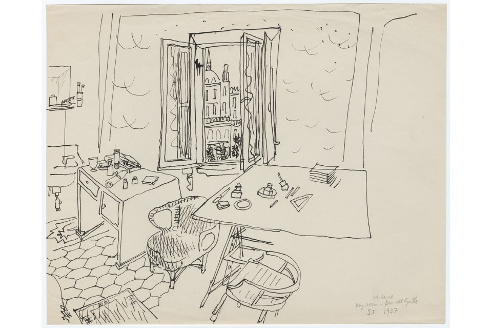 Saul Steiberg, <i>Milano - My room - Bar del Grillo</i>, 1937.  Ink on paper, 22.7 x 28.9 cm. Saul Steinberg Papers, Beinecke Rare Book and Manuscript Library, Yale University. © The Saul Steinberg Foundation/ARS, NY