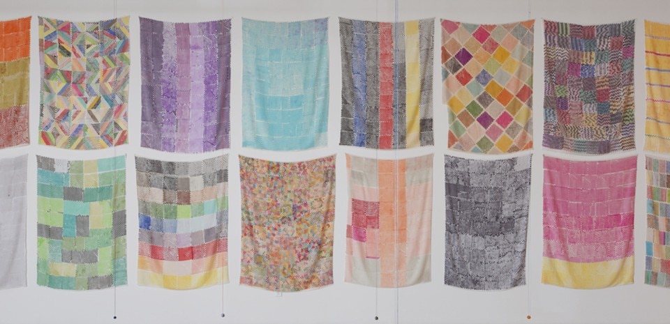 Polly Apfelbaum, Handweavers Pattern Book installation, 2014. Textiles: marker on rayon, silk, velvet, ceramic beads on embroidery thread. Courtesy of the artist and Clifton Benevento. Photo Andres Ramirez