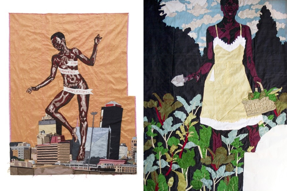 <b>Left</b>: Billie Zangewa, <i>The Rebirth of the Black Venus</i>, 2010. Silk tapestry, 127 x 103 cm. Private collection. <b>Right</b>: Billie Zangewa, <i>The Constant Gardener</i>, 2014. Silk tapestry, 127 x 103 cm. Courtesy the artist and Afronova Gallery, Johannesburg.