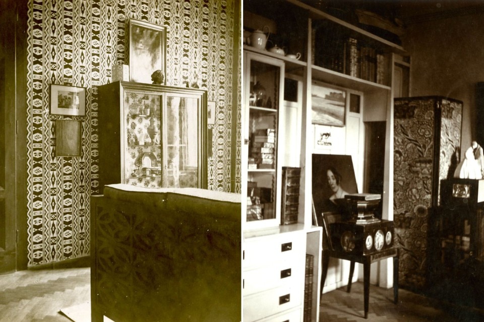 <b>Left</b>: Vienna, 4th district, Margaretenstraße 5, 1912– 1914. Detail of the living room in Josef Hoffmann’s apartment. Photo: unknown © Municipality Brtnice. <b>Right</b>: Vienna, 3rd district, Neulinggasse 24, 1910. Fitted wall in the living room in Josef Hoffmann‘s apartment. Photo: unknown © Municipality Brtnice