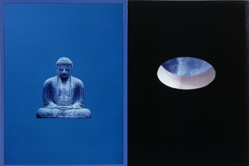 Sarah Charlesworth, <i>Buddha of Immeasurable Light</i>, from the <i>Objects of Desire</i> series, 1987. Diptych; Cibachrome with lacquered wood frame, 157.4 x 106.6 cm. Courtesy the Estate of Sarah Charlesworth and Maccarone Gallery
