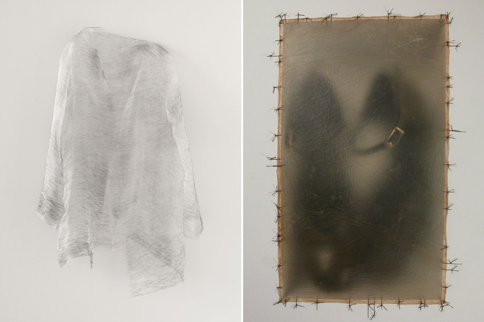 <b>Left</b>: Doris Salcedo, <i>Disremembered I</i>, 2014. Silk thread and sewing needles, 89 x 55 x 16 cm. Collection of Diane and Bruce Halle. <b>Right</b>: Doris Salcedo, <i>Atrabiliarios</i> (detail), 1992–2004. Shoes, animal fiber, and surgical thread; 43 niches and 40 boxes, dimensions variable. Courtesy Alexander and Bonin, New York