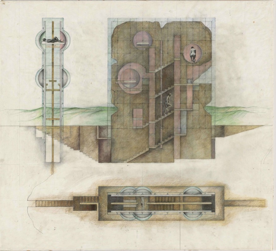 Raimund Abraham, The House without Rooms, project, 1974. Elevation and plan. Colored pencil, graphite, and cut-and-pasted printed paper on paper, 87.9 x 96.8 cm. The Museum of Modern Art, New York. Gift of The Howard Gilman Foundation. © 2015 Raimund Abraham