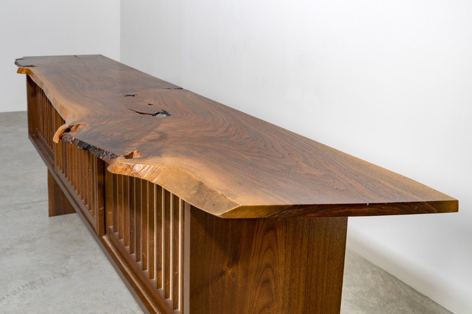 George Nakashima,  Special Hanging Wall Case with Base, 1985. Walnut, pandanus cloth and glass