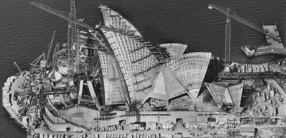 Sydney Opera House under construction, 1966. © Robert Baudin for Hornibrook Ltd. Courtesy Australian Air Photos
