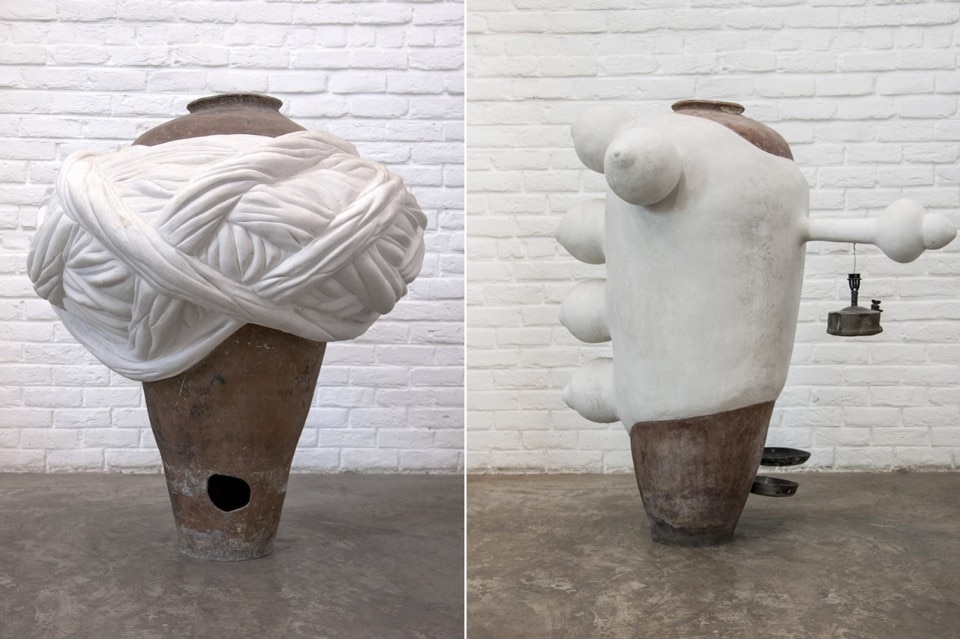 Subodh Gupta, From the earth, but not of it (II-III), 2016. Found terracotta pot, steel, fiberglass, plaster 51 x 50 x 27 in. Courtesy of the artist and Hauser & Wirth, Zurich, Switzerland and New York.